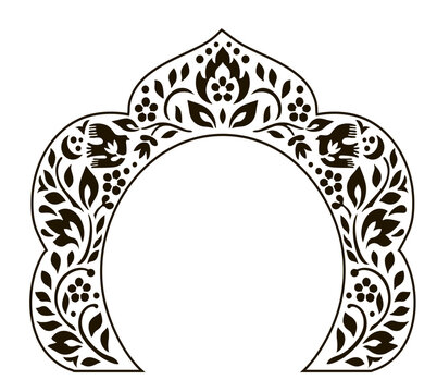 Decorative Russian kokoshnik inspired frame featuring symmetrical Slavic floral ornament, birds, leaves and folk motifs in black and white, isolated on white.