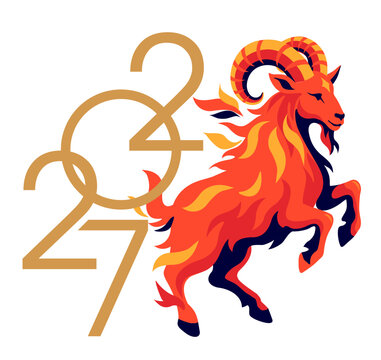 Fiery goat symbol with 2027 numerals represents zodiac astrology, fortune and the upcoming year in a bold colorful design. Chinese horoscope, New Year s Eve