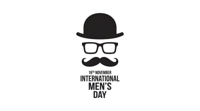 International mens day celebration graphic featuring black bowler hat glasses and mustache icon on white background.