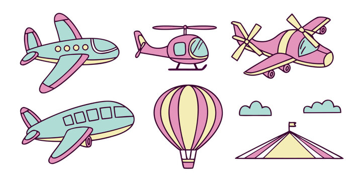 Set of cute cartoon aircraft, including airplanes, a helicopter, a hot air balloon, and a circus tent with clouds, vector illustration