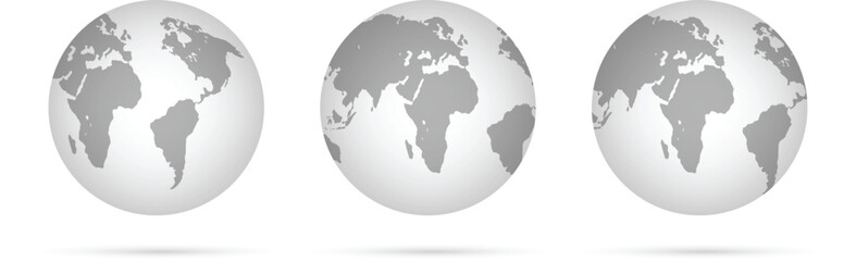 Fototapeta premium 3D Globe Icons Set Flat Vector Collection of Three Rotational Earth Views Showing Americas, Africa/Europe, and Asia/Australia Continents in Monochrome Gray for Global Business, Logistics