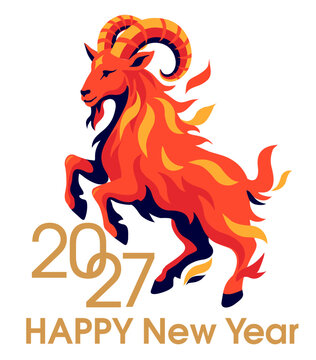 Fiery goat isolated on a white background. Year of the goat with burning fire concept on a white background. New year 2027
