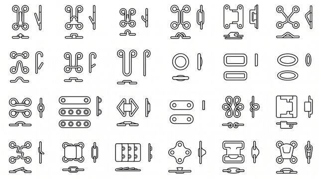 Collection of Clothing Fasteners Line Icons: Hooks, Eyes, Buckles, and Closures for Sewing and Fashion Design
