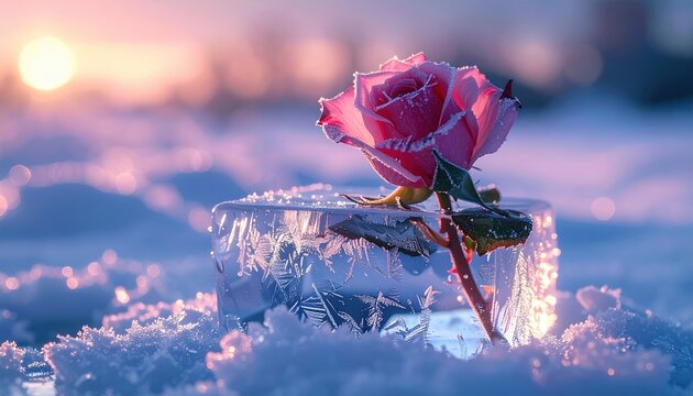 A crystal rose frozen inside ice, winter romance concept