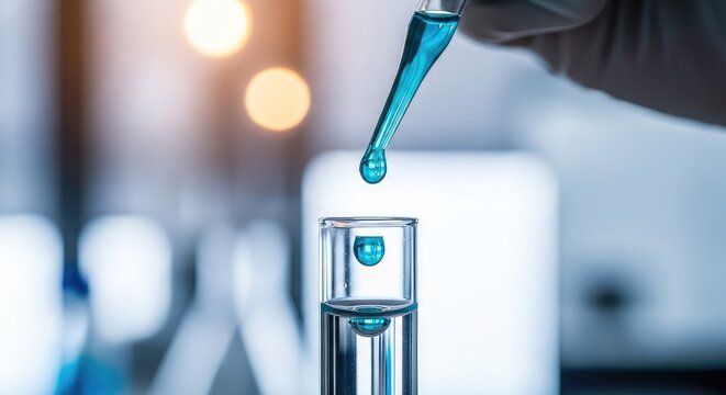 Macro view of a laboratory pipette releasing a drop of blue fluid into a glass tube, featuring soft bokeh lighting in a modern biotech setting, investigation, analysis, experiment