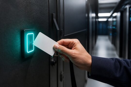 Hand Holding Security Badge To Glowing Teal Data Center Access Reader
