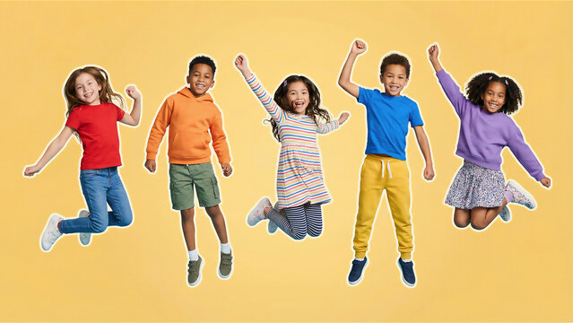 Five diverse children, young boys and girls joyfully jump with hands raised against a vibrant yellow background. Energetic and happy childhood fun, growth, and team spirit.