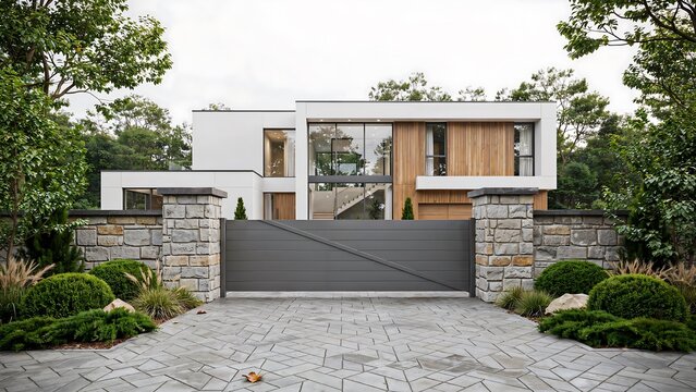 Modern luxury house with stone walls, gated entrance, landscaped garden and contemporary architecture
