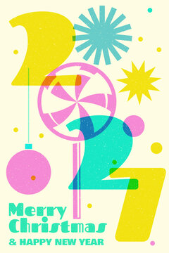 2027 New Year Christmas Poster, Colorful Risograph Typography with Retro Holiday Ornaments, Stars and Abstract Shapes, Festive Greeting and Celebration Design