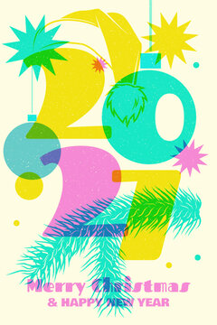 2027 Christmas New Year Poster, Colorful Risograph Style with Retro Typography, Holiday Ornaments, Stars and Decorative Foliage, Festive Celebration Graphic Design