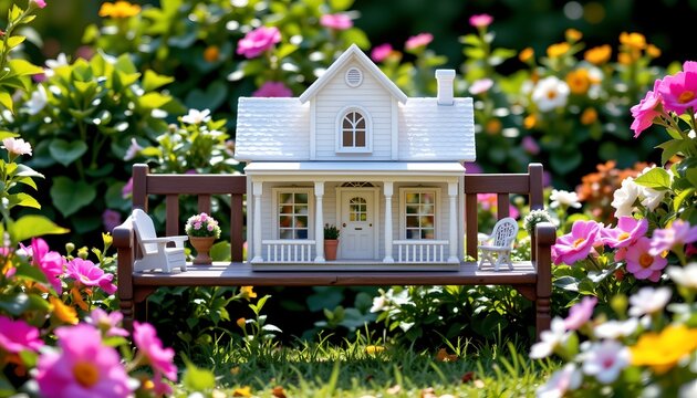 The image features a miniature white house with a gabled roof, dormer window, and front porch, set atop a small wooden bench