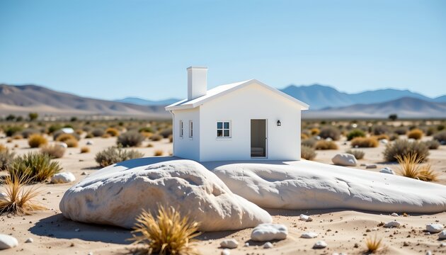 The image depicts a small, white house situated in a vast, arid desert landscape. The house features a simple gable roof and a chimney, with a front door and a few small windows