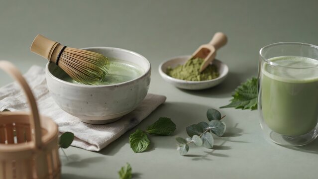 Healthy Matcha Green Tea Preparation with Bamboo Whisk and Natural Ingredients on Minimal Table