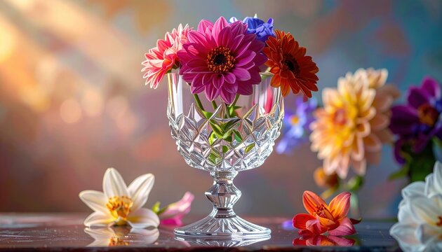 A crystal glass filled with colorful flowers instead of liquid, elegant still life