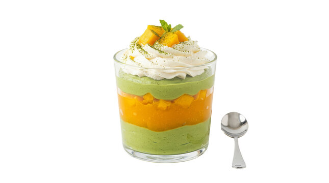 Layered avocado and mango mousse dessert in a glass with whipped cream