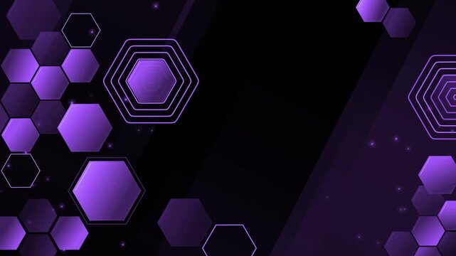Dark abstract background with glowing hexagons and geometric lines animation