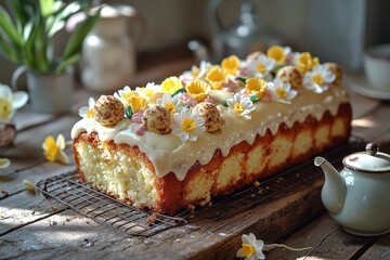 Obraz premium Spring lemon pound cake with white icing and edible flowers decor on rustic wooden table during daylight