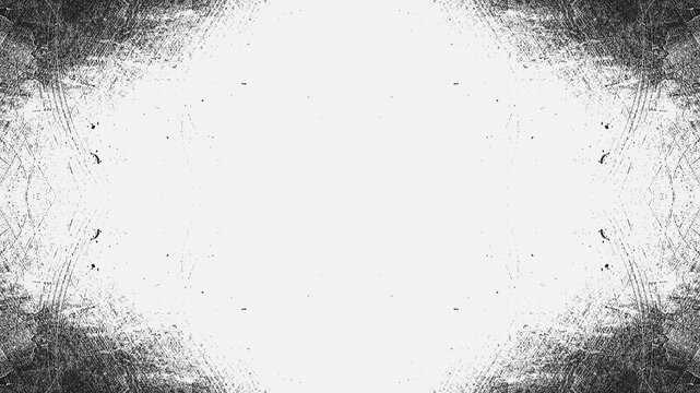Grunge vignette border on white background, distressed black charcoal frame, textured vintage paper overlay for artistic design