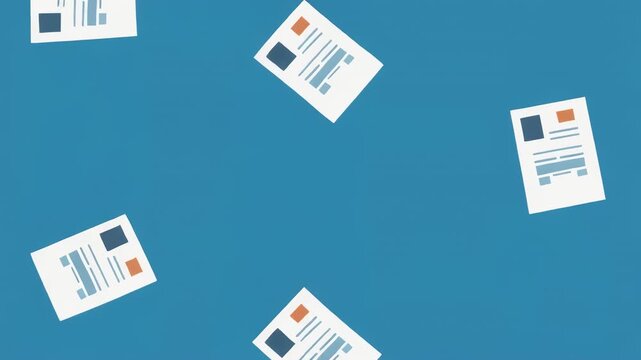 Document flying in seamless motion against a vibrant blue background symbolizing bureaucracy or official paperwork