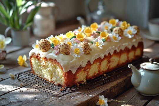 Spring lemon pound cake with white icing and edible flowers decor on rustic wooden table during daylight