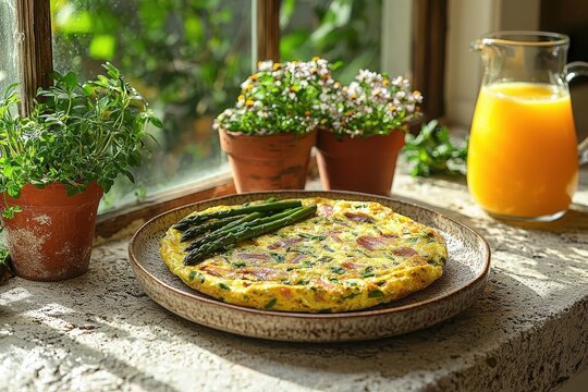 Fresh vegetable frittata with asparagus served by window with orange juice and potted herbs in sunlight