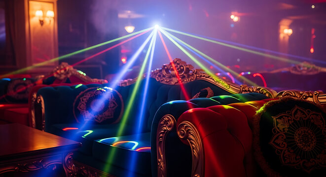 Colorful laser lights shine over ornate velvet sofas in a dimly lit elegant interior lounge with illuminate luxurious furniture