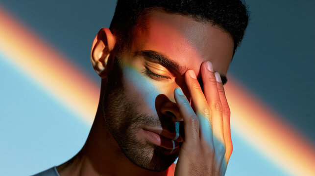 Young man with eyes closed touching forehead with rainbow light symbolizing identity and self acceptance.