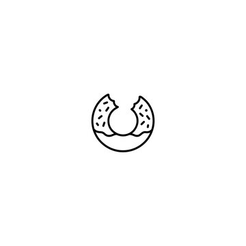Outline donut icon with a bite taken out sugar coated doughnut illustration minimalist monochrome isolated background circular breakfast