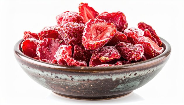 Bowl of freeze-dried strawberries isolated on white background