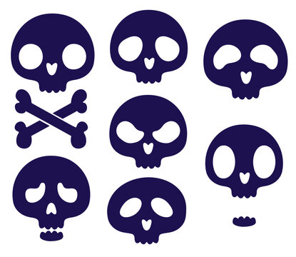 set of stylized skulls and crossed bones. Cute and spooky faces express different emotions. Gothic artwork suited to Halloween, horror and alternative themes.