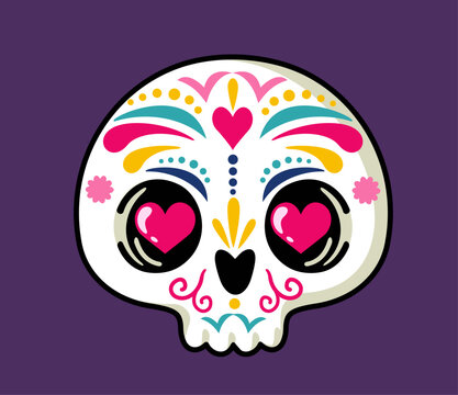 Vintage mexican sugar skull isolated on white background. illustration of a colorful Mexican sugar skull with heart motifs on a purple background. D&iacute;a de Muertos traditions, remembrance and festive