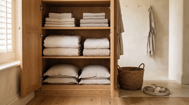 Folded linen storage in a cool dressing room