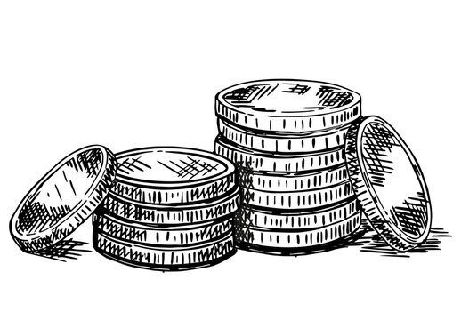 Stacks of coins. Money. Hand drawn illustration. Sketch of coins in different positions, stack of money. Black and white finance set. Collection isolated on white background