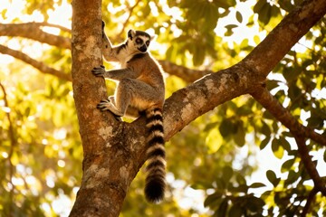 Naklejka premium Ring-tailed lemur perched on a tree branch in a sunlit forest