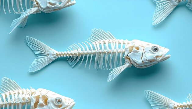 Fish bone pattern on pastel blue background, minimal seamless design
