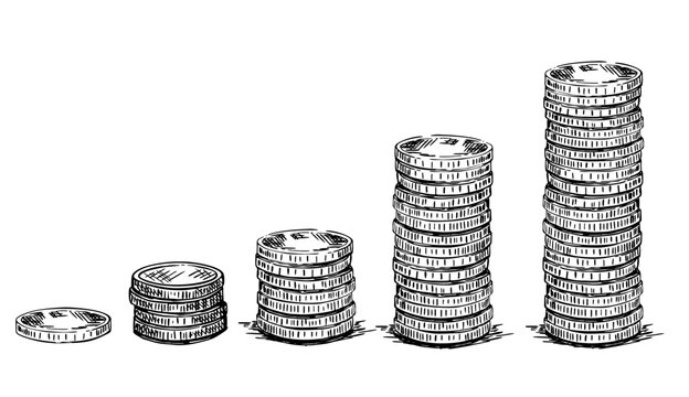 Stacks of coins. Money. Hand drawn illustration. Sketch of coins. Black and white hand drawn illustration. Collection isolated on white background