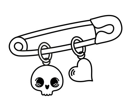 Simple line drawing of heart and skull on a safety pin. Outline illustration safety pin with charms. Flat sewing clip with needle line art doodle. Superstition symbol. Good luck. Isolated on a white b