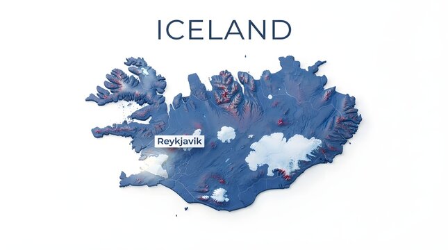 Blue map of iceland with reykjavik capital city location marker on a simple clean layout