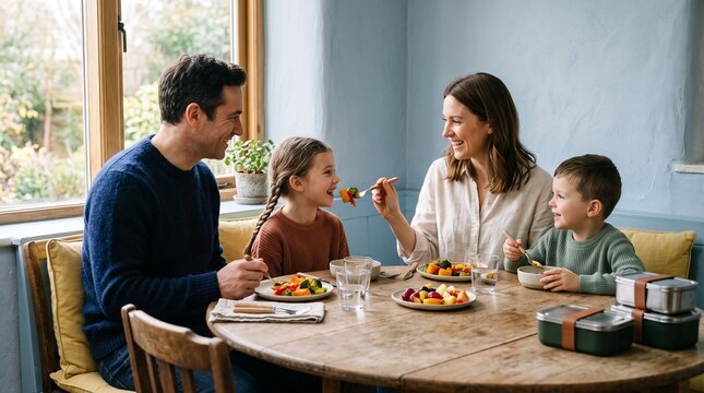 Family shares a healthy lunch taste test at home