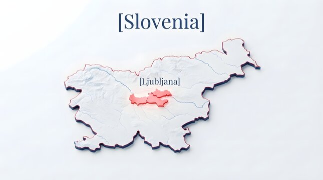 3d map of slovenia with ljubljana city region highlighted in red on light grey surface