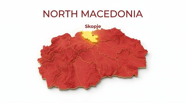 North macedonia map with highlighted capital city skopje and red regional borders illustration