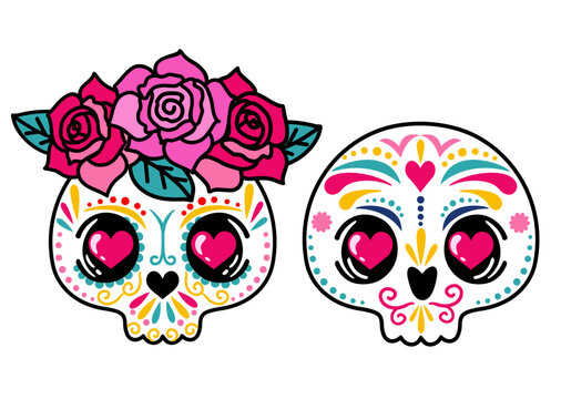Set of vintage mexican sugar skull isolated on white background. illustration of two colorful decorated skulls with roses and hearts. Mexican Day of the Dead symbolism and remembrance