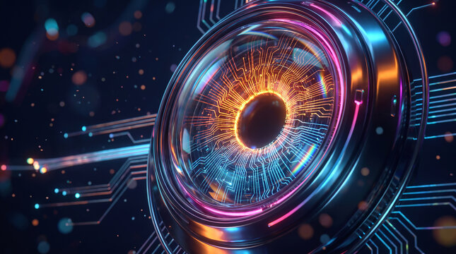 Abstract digital eye concept featuring glowing neon circles and complex circuit board patterns in a futuristic background