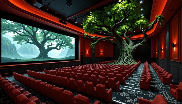 The image depicts a large, ornate auditorium with rows of plush red seats arranged facing a wide screen at the front