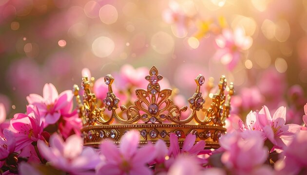 A golden crown surrounded by pink flowers, elegant royal fantasy concept