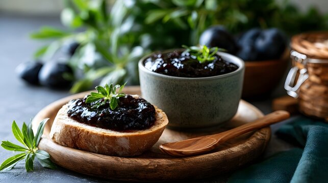 A rustic wooden plate holds a slice of bread topped with dark fruit jam and a small bowl of the same jam  garnished with fresh green herbs