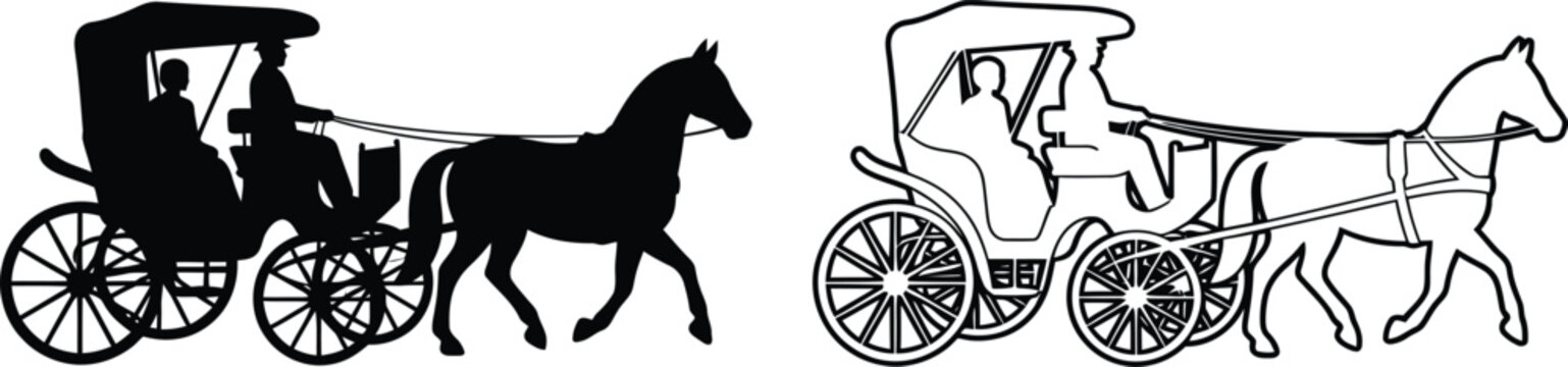 Horse drawn carriage silhouettes depict vintage transportation on a white background