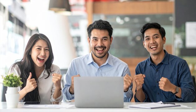 Startup team celebrating successful project launch, business achievement concept