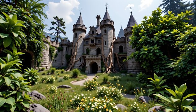 The image depicts a majestic castle with tall, pointed towers topped with crosses, set within a lush, well maintained garden