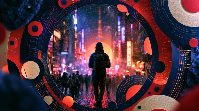 Man Walking Through Futuristic Portal into Neon Cyberpunk City